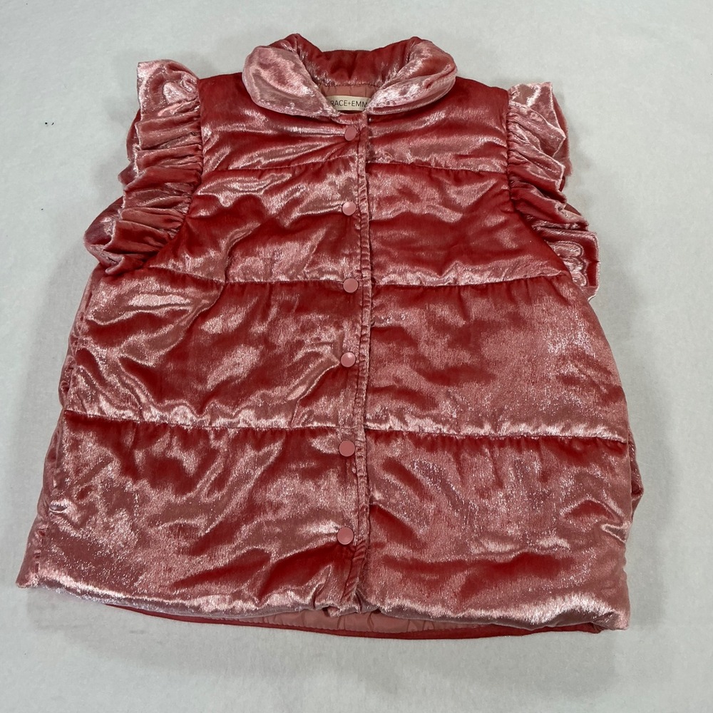 Grace + Emma Pink Velvet Puffer Vest Ruffle Trim Snap Front Quilted Large